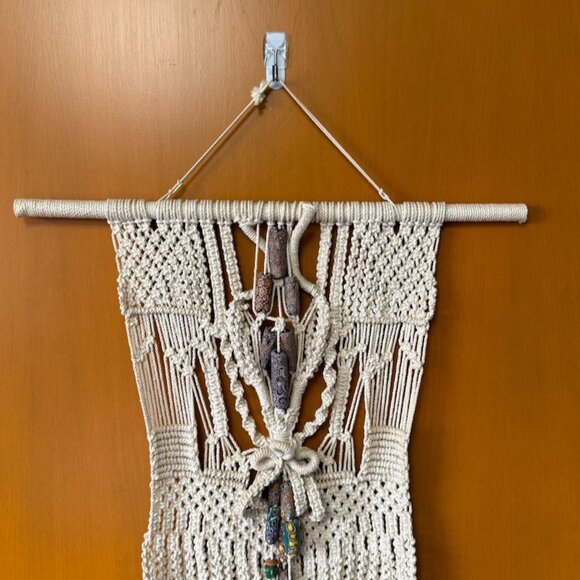Vintage Macramé Wall Hanging Boho Venetian Antique Chevron Cane Millefiori Beads - Picture 2 of 10